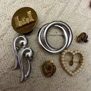 Vintage heart rose Angel and castle shaped brooches silver tone gold tone